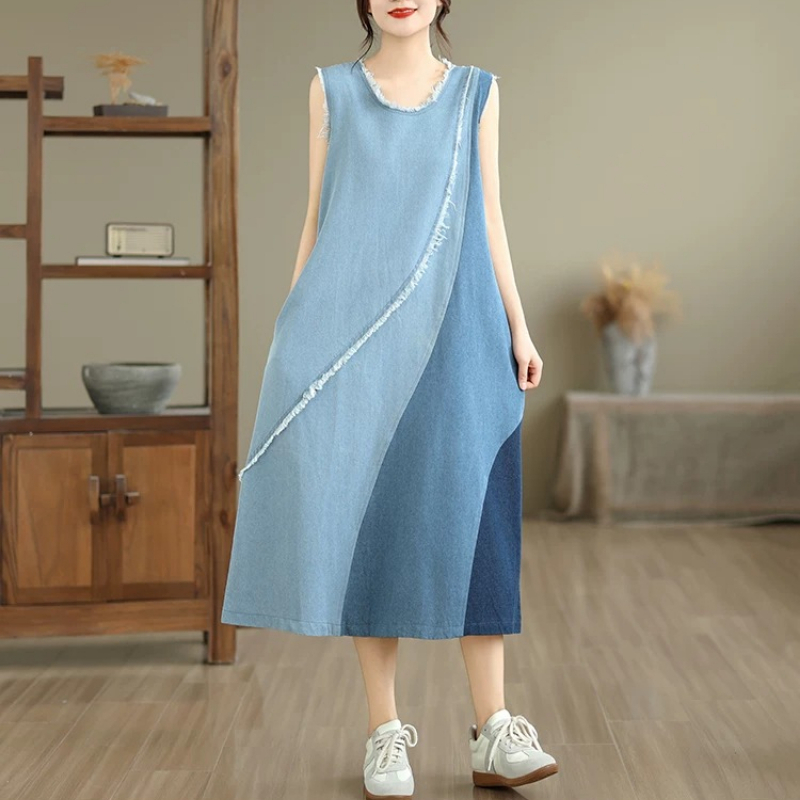 Vestido midi de ganga sem mang - Midi Dress avaliação e preço