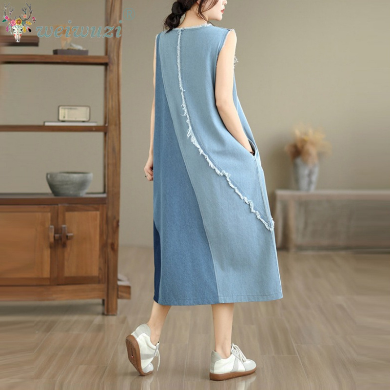 Vestido midi de ganga sem mang - Midi Dress avaliação e preço